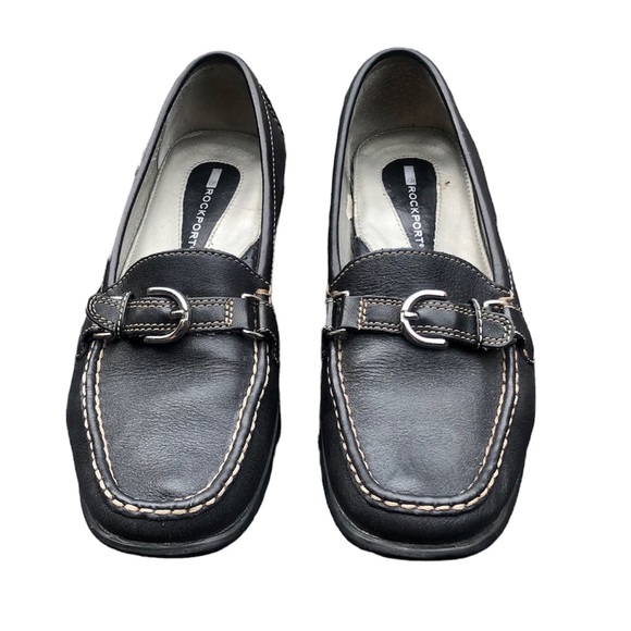 Rockport black leather square toe loafers silver buckle and white stitching. 7.5 - Picture 8 of 8